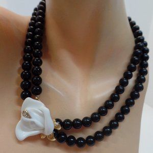 Kenneth J. Lane KJL for Avon Black Beaded Multi Strand Necklace Rose Bling 14"